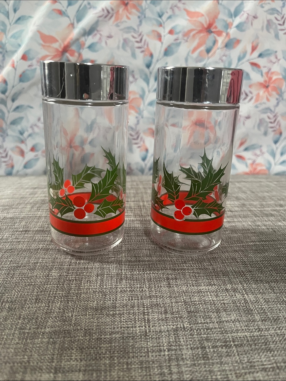 Holiday Glass Salt and Pepper Shaker Set with Holly Motif